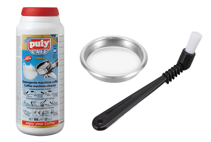 Kit de Limpieza para máquinas - Puly Caff 900gr, Filtro Ciego y Cepillo