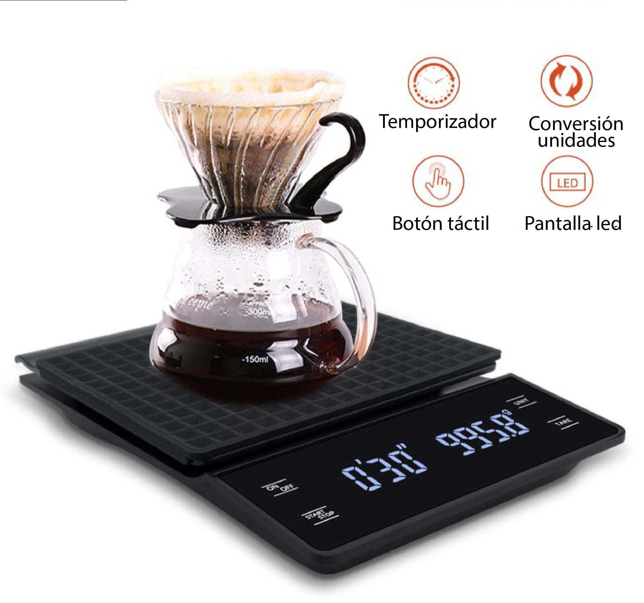 Balanza para Café Báscula de Barista 15x15 cm LCD 3 kg/0,1 g
